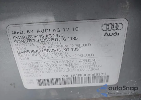2011 Audi Q5 2.0T Premium from USA, damaged, VIN WA1LFAFP8BA066373